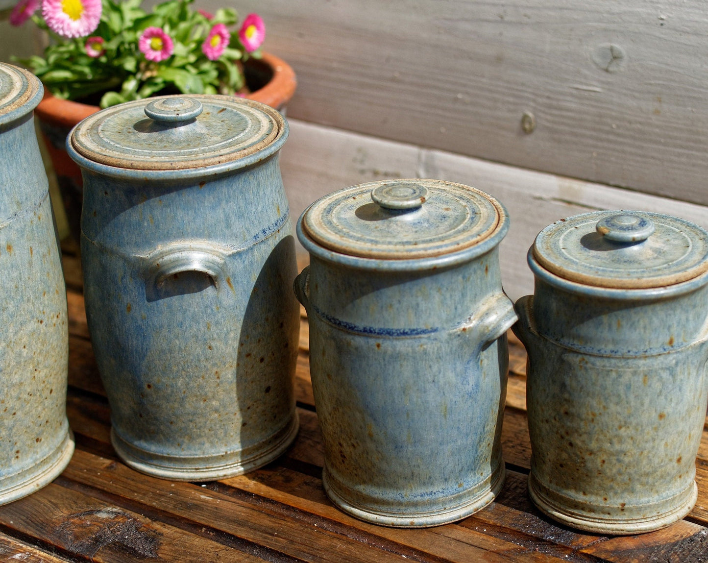 French Handmade Wood Fired Clay Pots Set of 5 Ceramic Lidded Jars