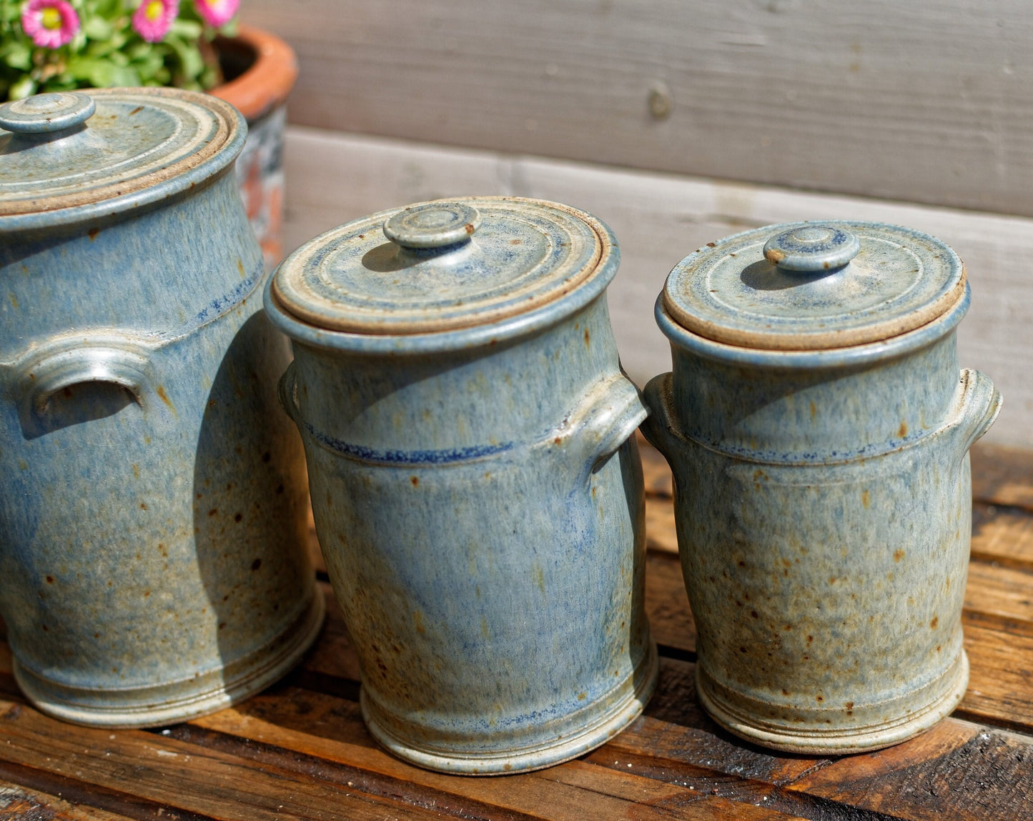French Handmade Wood Fired Clay Pots Set of 5 Ceramic Lidded Jars