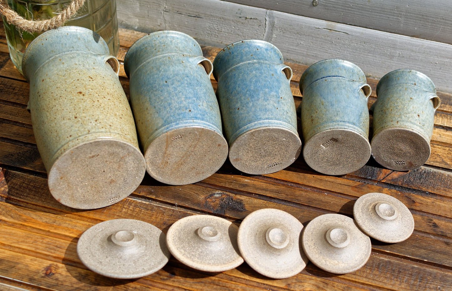 French Handmade Wood Fired Clay Pots Set of 5 Ceramic Lidded Jars