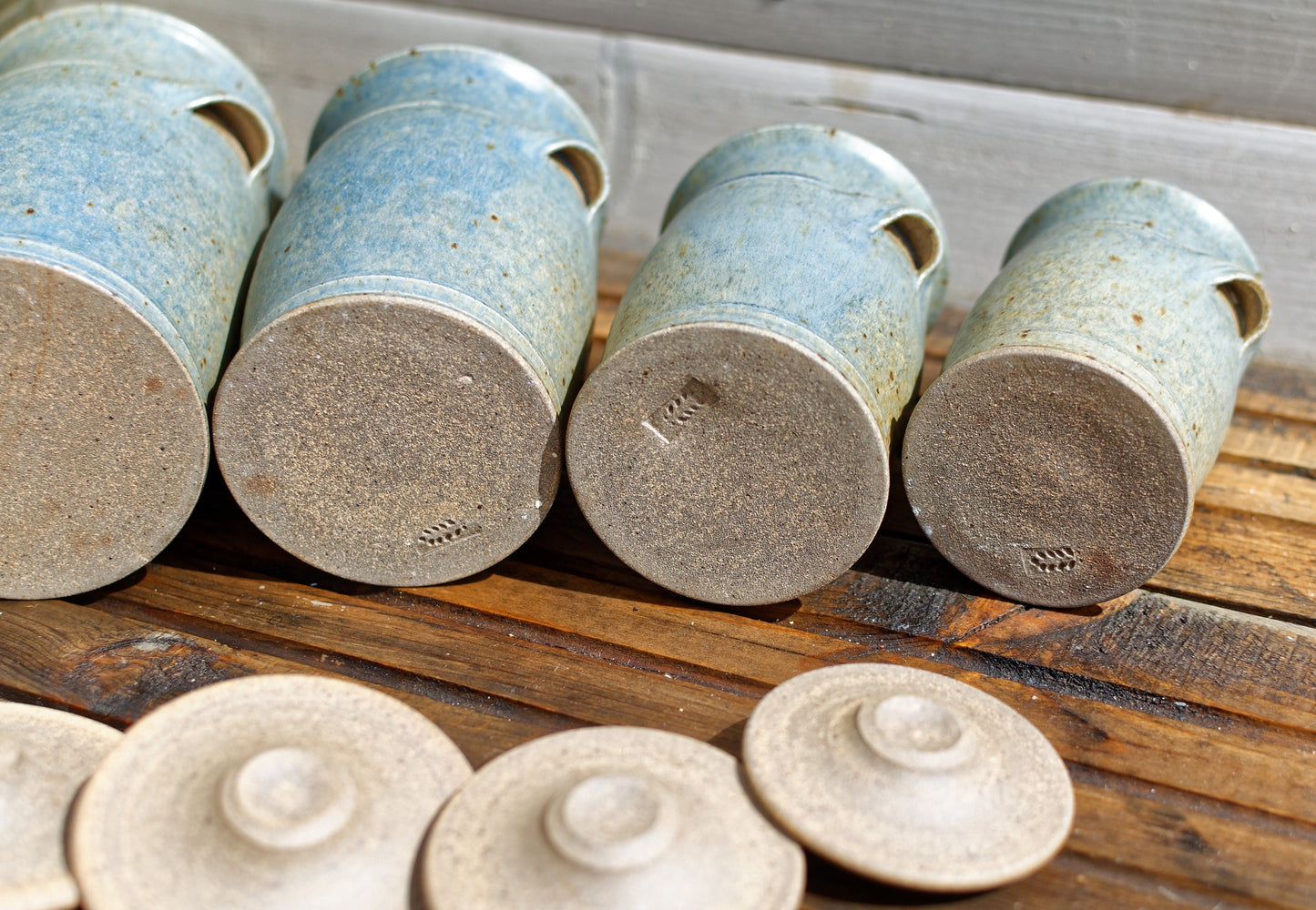 French Handmade Wood Fired Clay Pots Set of 5 Ceramic Lidded Jars
