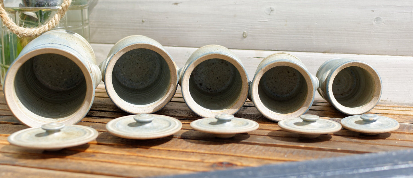 French Handmade Wood Fired Clay Pots Set of 5 Ceramic Lidded Jars