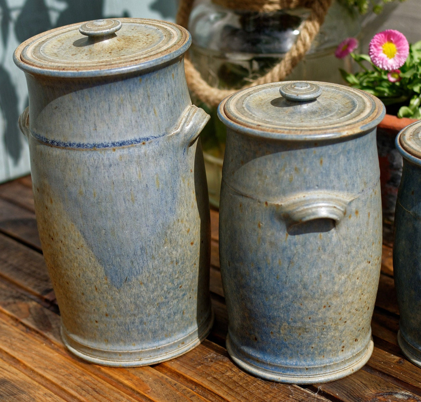 French Handmade Wood Fired Clay Pots Set of 5 Ceramic Lidded Jars