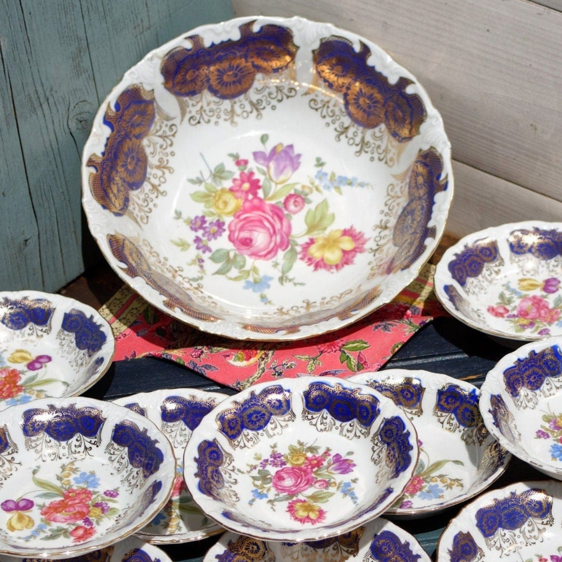 German Vintage Blue Cobalt Floral Porcelain Serving Set Bowls BAVARIA Fruit Service