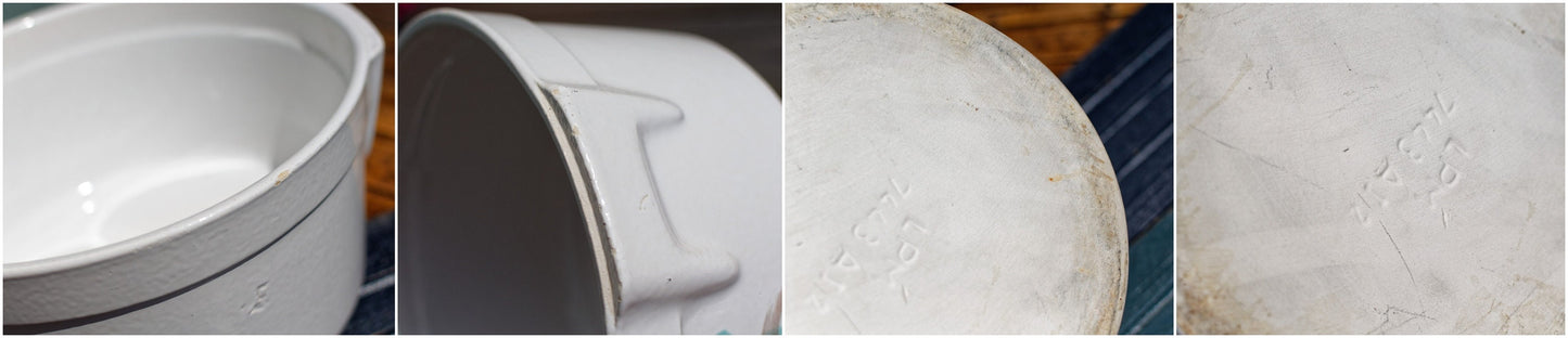 Années 1970 ~ Français grès émaillé vintage ~ Bol en céramique émaillée au sel blanc émaillé ~ Bol de batterie de cuisine avec poignées en relief