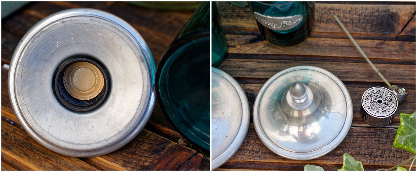 1970s ~ Maison de l'Etain Rose Design ~ French Vintage Bathroom Blue Glass Engraved Pewter Toiletry Service ~ Etains à la Rose