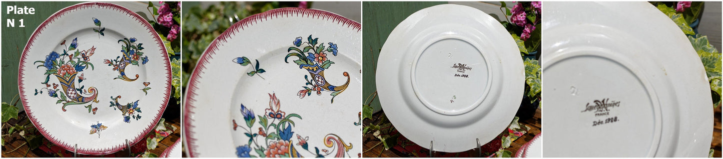 1920s ~ "Dec 1928" Cornucopia Rouen Sarreguemines ~ French Antique Polychrome Plate ~ Terre de Fer ~ Faience