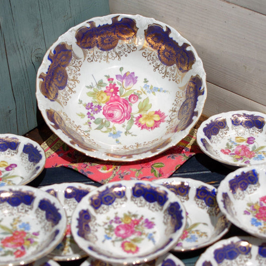 German Vintage Blue Cobalt Floral Porcelain Serving Set Bowls BAVARIA Fruit Service