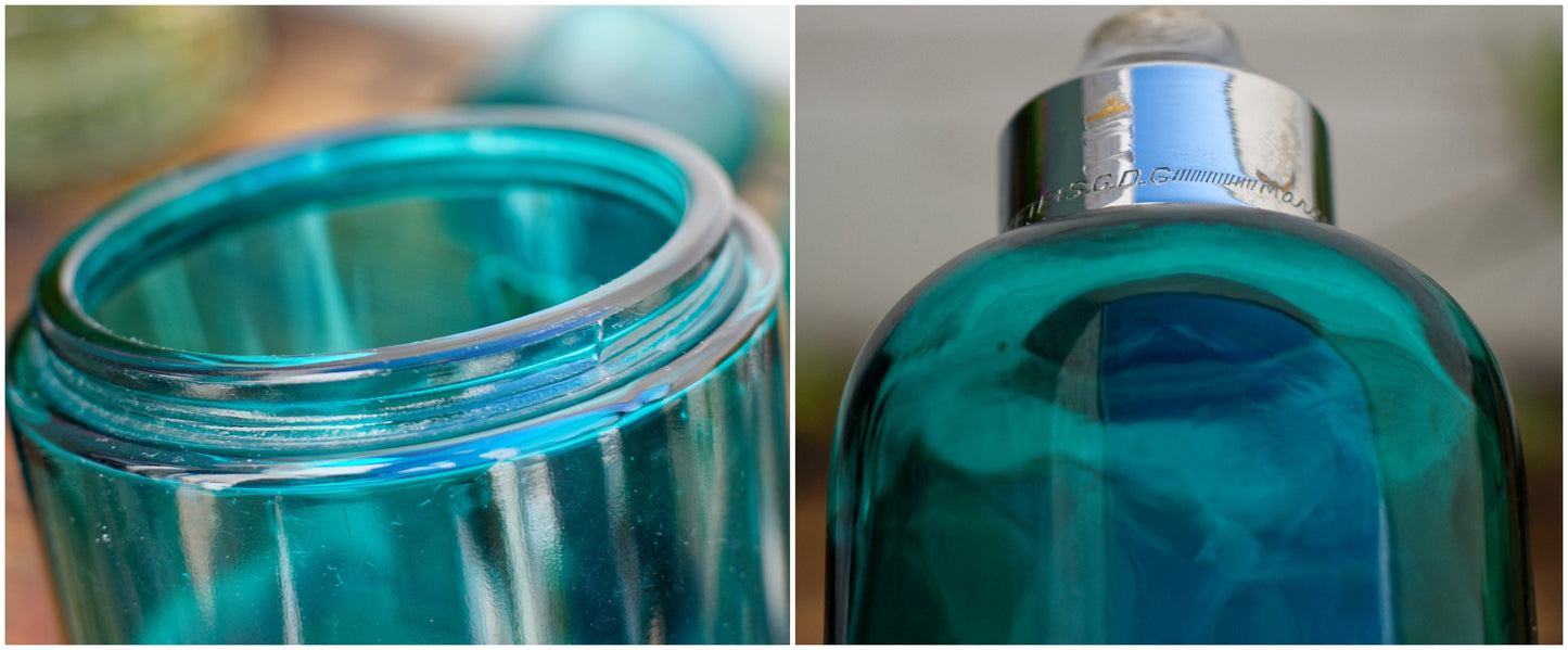 1970s ~ Maison de l'Etain Rose Design ~ French Vintage Bathroom Blue Glass Engraved Pewter Toiletry Service ~ Etains à la Rose