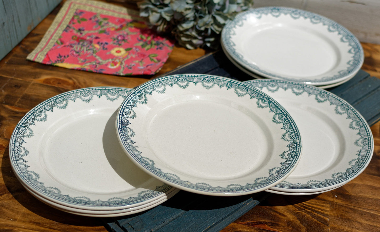 1910s ~ French Antique Ironstone Teal TRANSFERWARE Dinner Plate ~ Léon Graves 'LG' Clairefontaine ~ 'Recamier' Pattern ~ Terre de fer ~ Ironstone