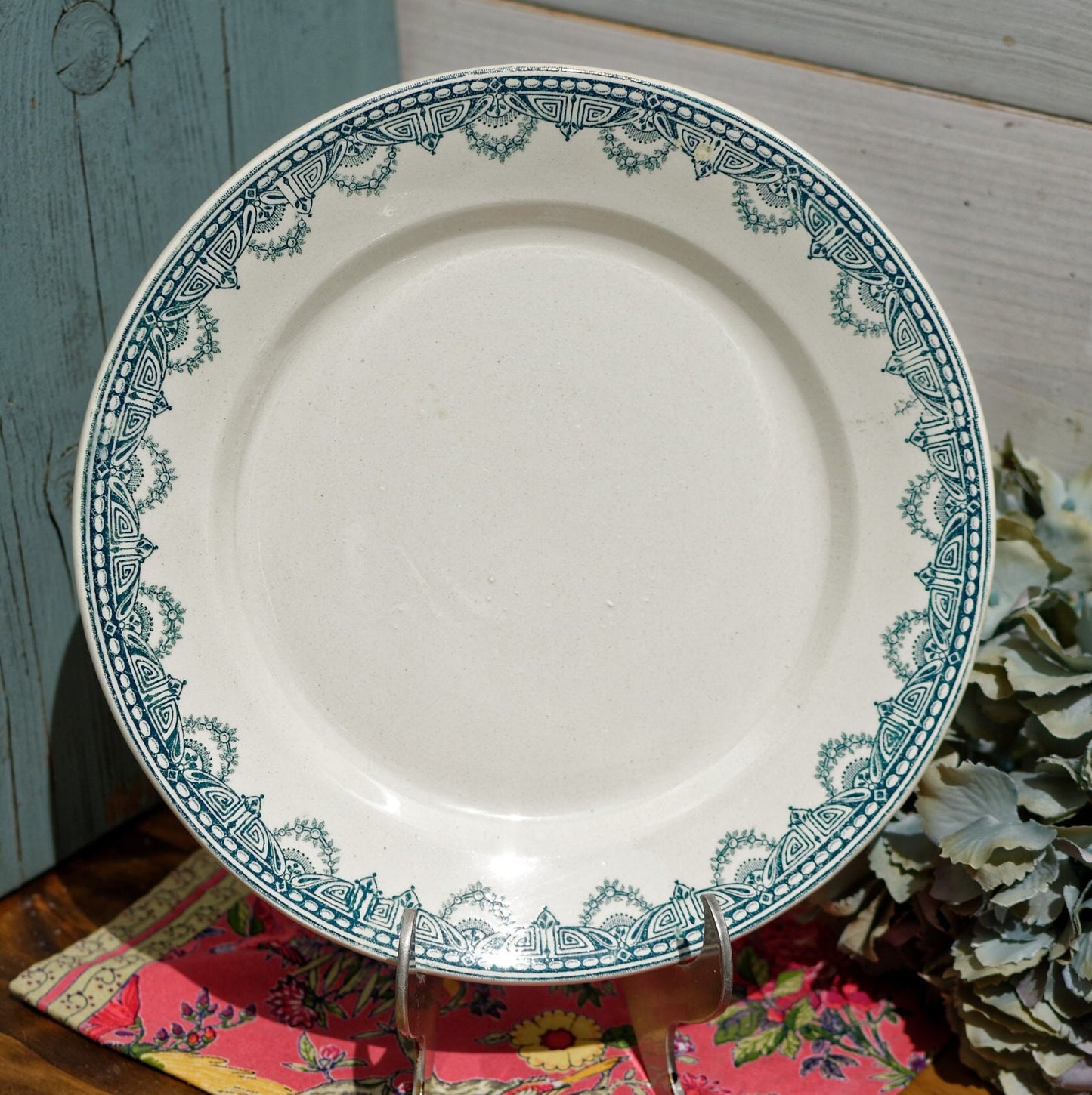 1910s ~ French Antique Ironstone Teal TRANSFERWARE Dinner Plate ~ Léon Graves 'LG' Clairefontaine ~ 'Recamier' Pattern ~ Terre de fer ~ Ironstone
