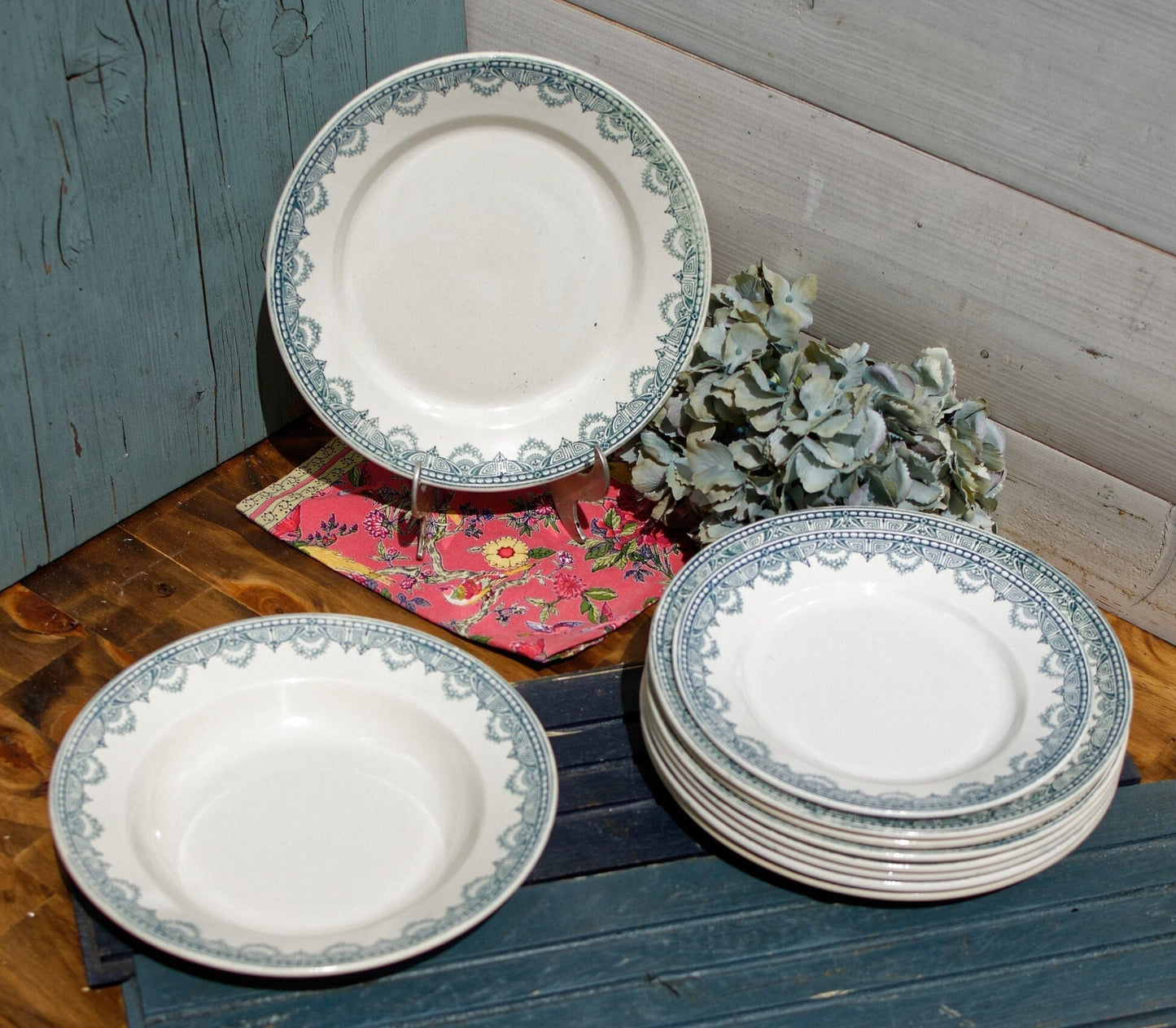 1910s ~ French Antique Ironstone Teal TRANSFERWARE Dinner Plate ~ Léon Graves 'LG' Clairefontaine ~ 'Recamier' Pattern ~ Terre de fer ~ Ironstone