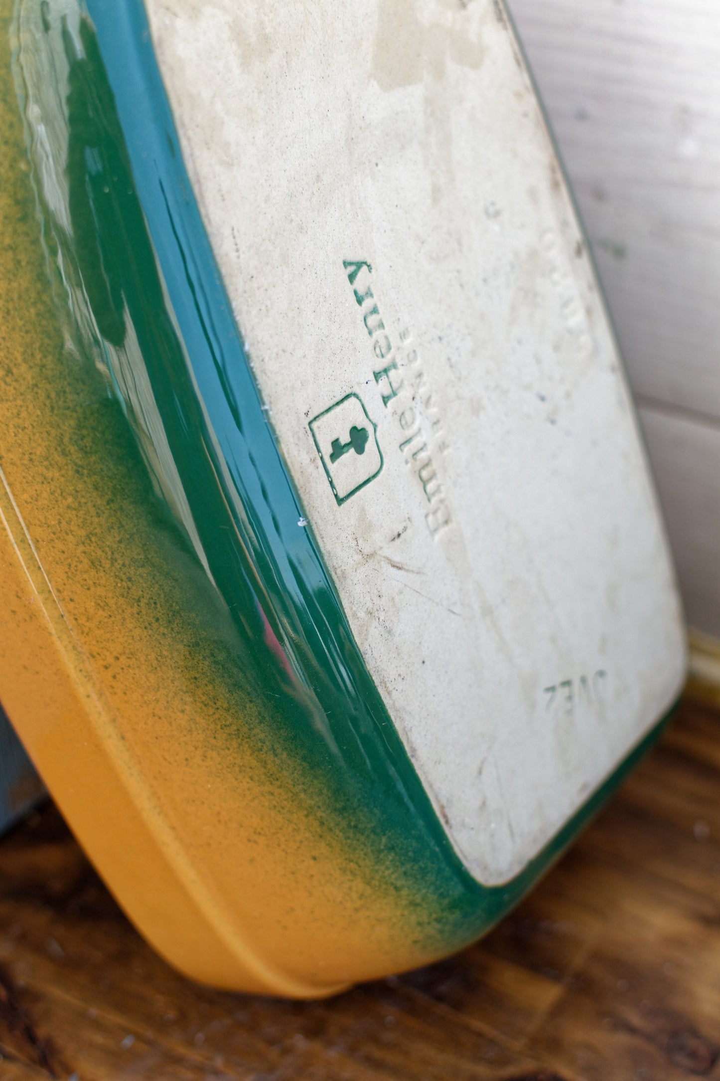 Français vintage « EMILE HENRY Bakeware » Plat de cocotte rectangulaire en grès céramique émaillé ~ Poêle à gratin émaillée jaune et verte