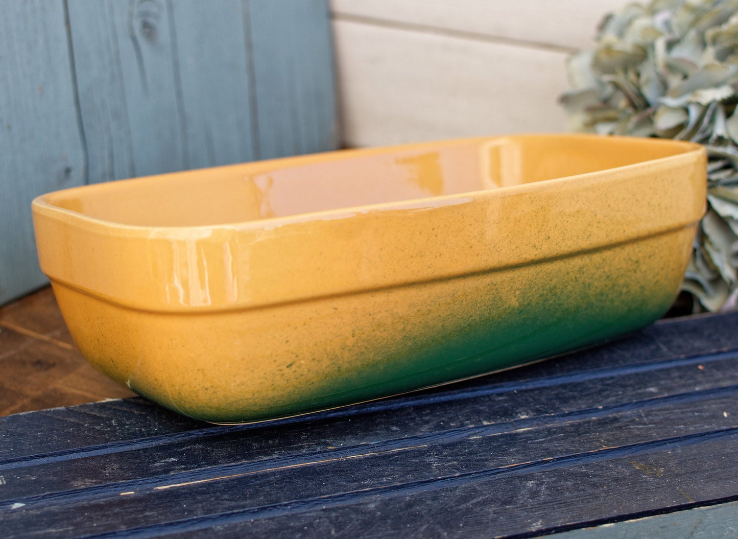 Français vintage « EMILE HENRY Bakeware » Plat de cocotte rectangulaire en grès céramique émaillé ~ Poêle à gratin émaillée jaune et verte