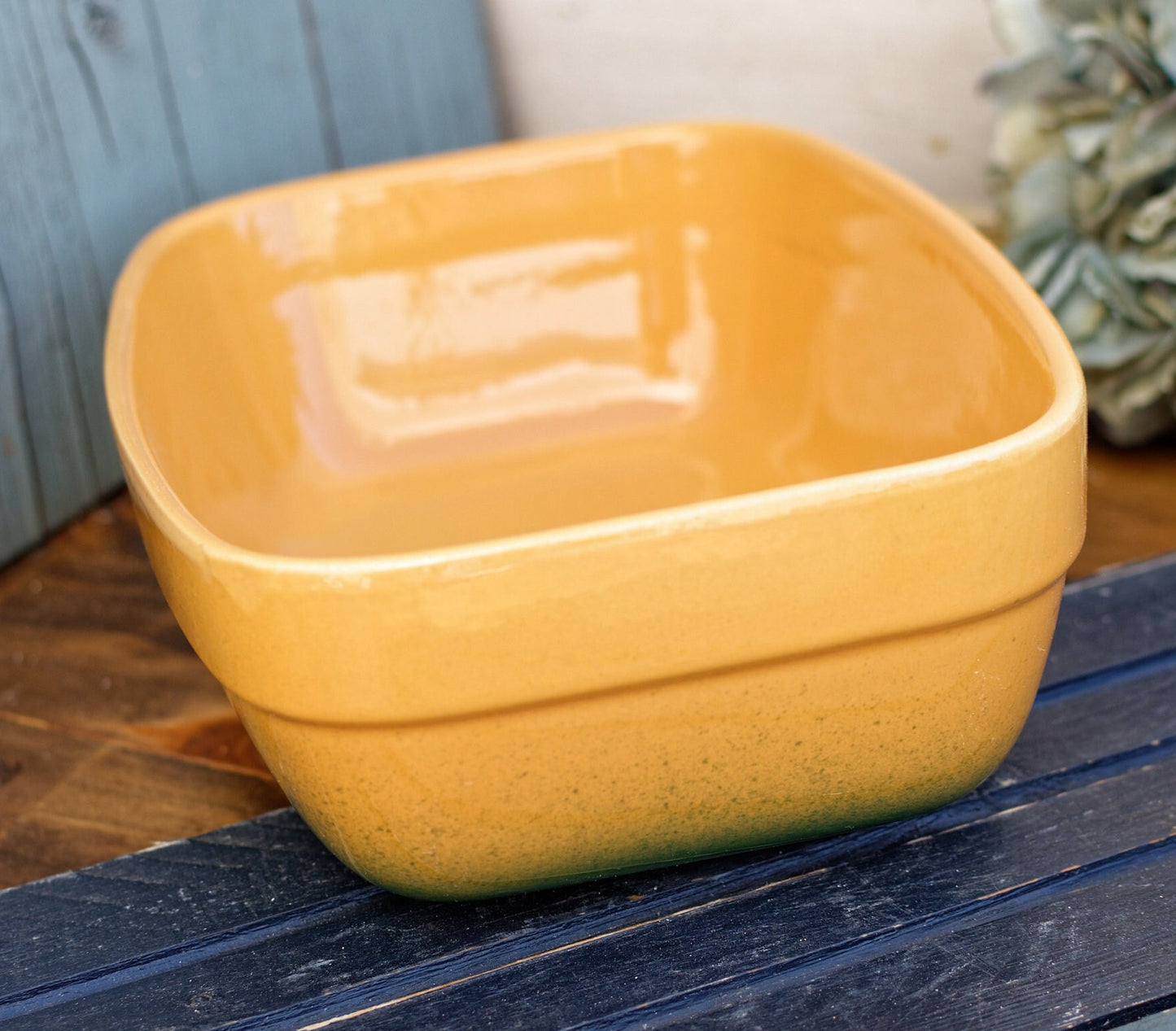 Français vintage « EMILE HENRY Bakeware » Plat de cocotte rectangulaire en grès céramique émaillé ~ Poêle à gratin émaillée jaune et verte