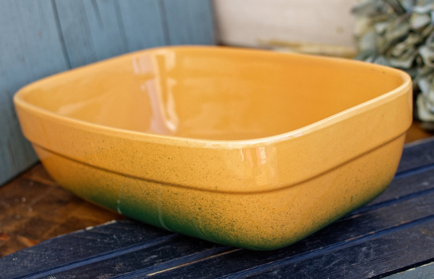 Français vintage « EMILE HENRY Bakeware » Plat de cocotte rectangulaire en grès céramique émaillé ~ Poêle à gratin émaillée jaune et verte