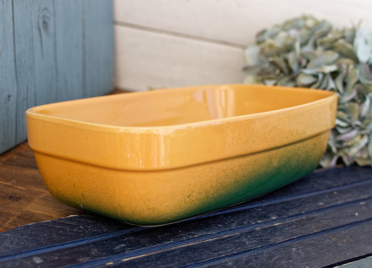 Français vintage « EMILE HENRY Bakeware » Plat de cocotte rectangulaire en grès céramique émaillé ~ Poêle à gratin émaillée jaune et verte