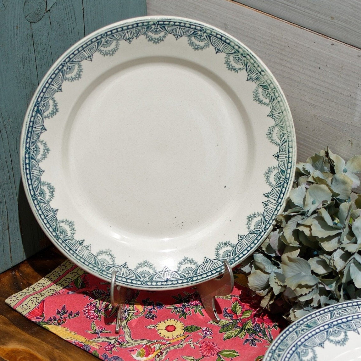 1910s ~ French Antique Ironstone Teal TRANSFERWARE Dinner Plate ~ Léon Graves 'LG' Clairefontaine ~ 'Recamier' Pattern ~ Terre de fer ~ Ironstone