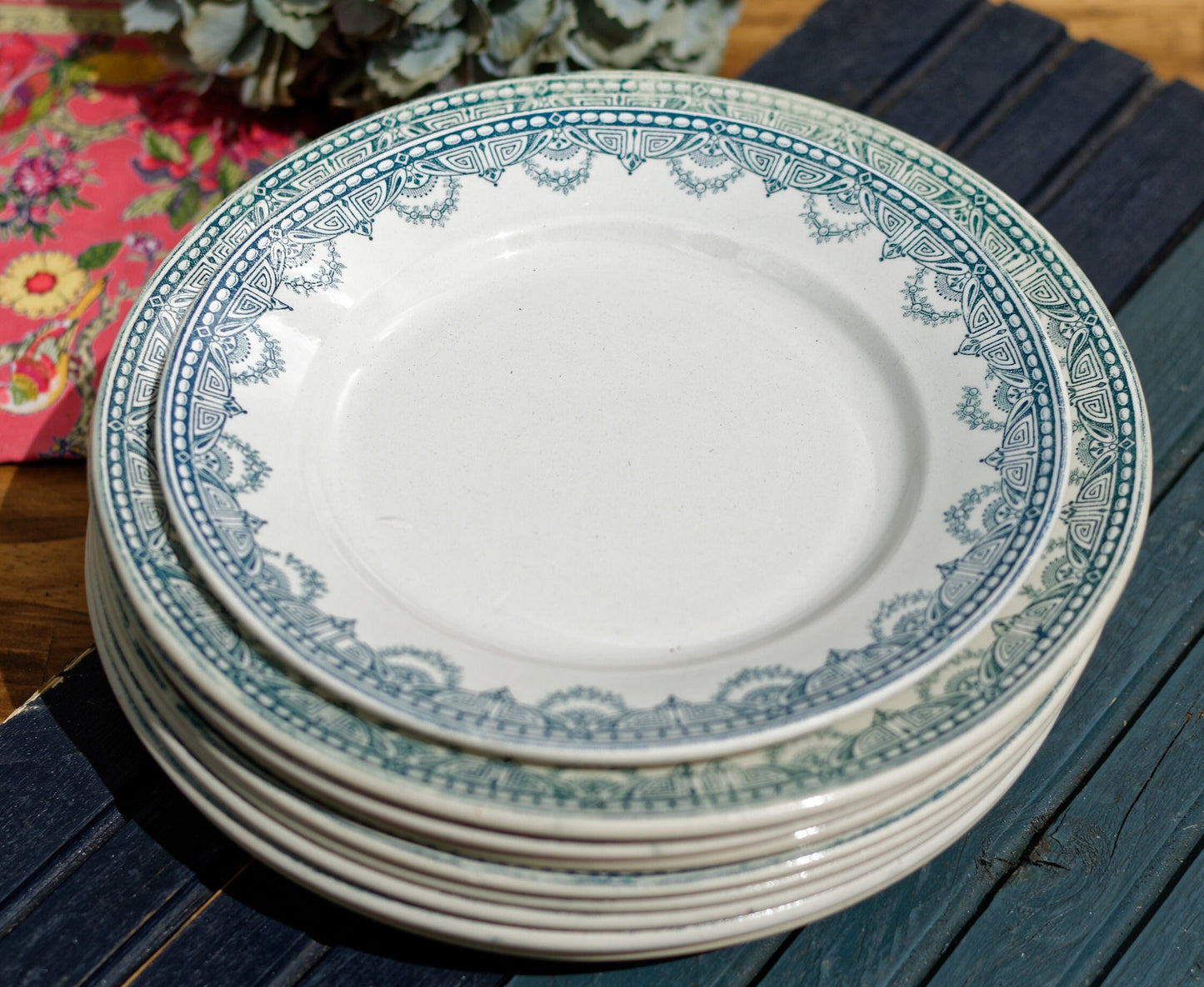 1910s ~ French Antique Ironstone Teal TRANSFERWARE Dinner Plate ~ Léon Graves 'LG' Clairefontaine ~ 'Recamier' Pattern ~ Terre de fer ~ Ironstone