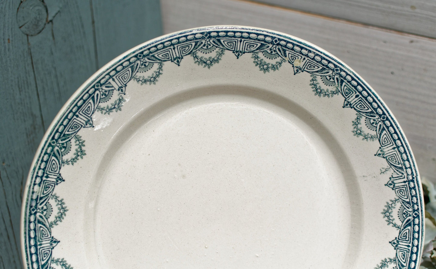 1910s ~ French Antique Ironstone Teal TRANSFERWARE Dinner Plate ~ Léon Graves 'LG' Clairefontaine ~ 'Recamier' Pattern ~ Terre de fer ~ Ironstone