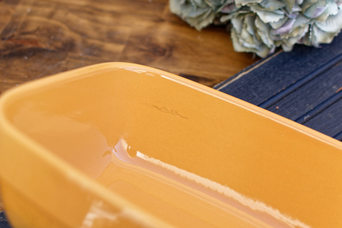 Français vintage « EMILE HENRY Bakeware » Plat de cocotte rectangulaire en grès céramique émaillé ~ Poêle à gratin émaillée jaune et verte