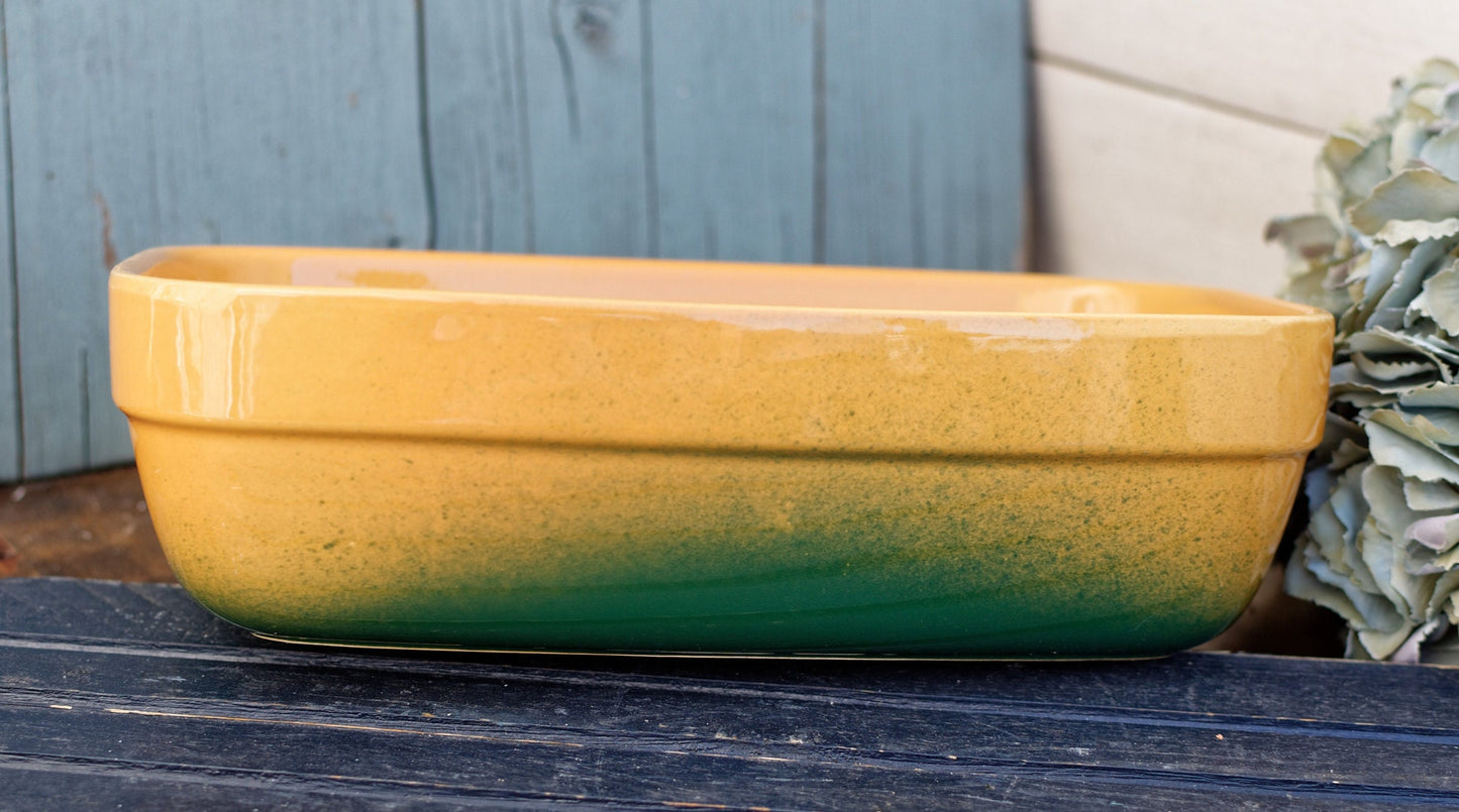 Français vintage « EMILE HENRY Bakeware » Plat de cocotte rectangulaire en grès céramique émaillé ~ Poêle à gratin émaillée jaune et verte