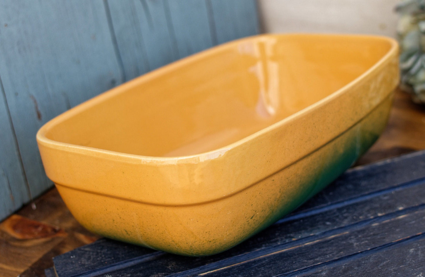 Français vintage « EMILE HENRY Bakeware » Plat de cocotte rectangulaire en grès céramique émaillé ~ Poêle à gratin émaillée jaune et verte