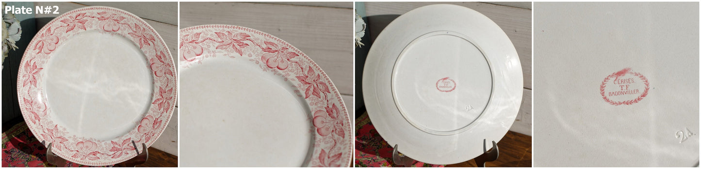 French Ironstone Red Transferware Dinner Plate CERISES Motif FT (Fenal Theophile) Badonviller France Terre de Fer