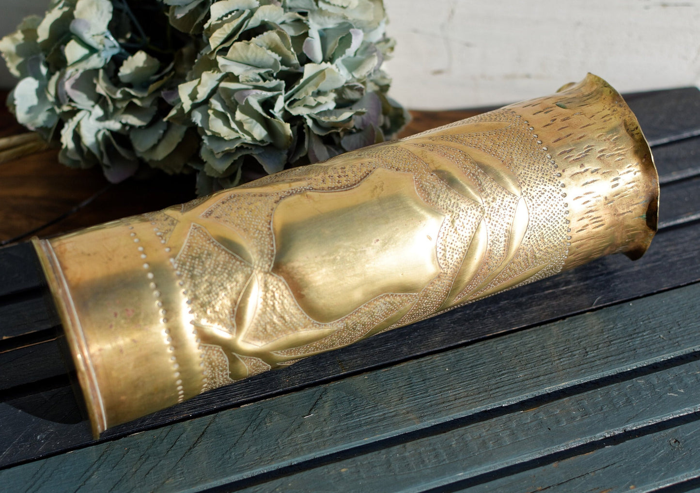 French Antique Collectible Remington Hand Carved Empty Shell Case "Vase" ~ 1914-18 WWI ~ Large Brass Bullet UMC 75 mm