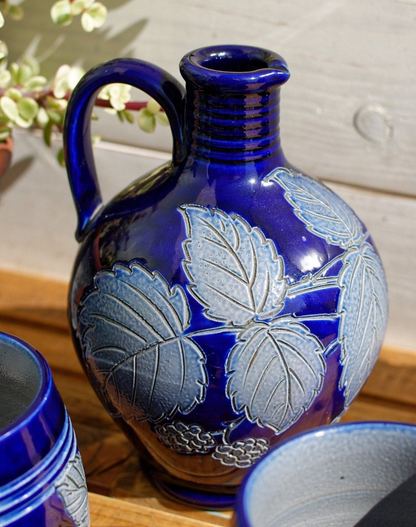 1950s ~ Betschdorf Alsace ~ French German Collectible Stoneware Pitcher ~ Blue Cobalt Alsace Porcelain Salt Glazed Sandstone