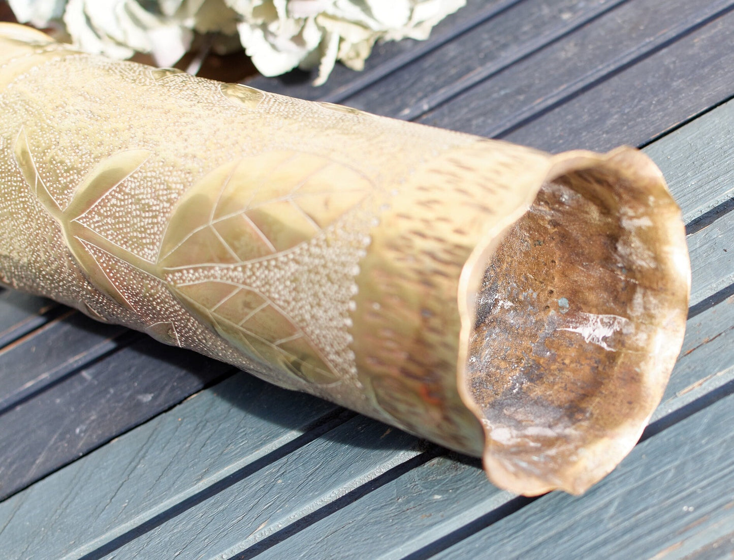 French Antique Collectible Remington Hand Carved Empty Shell Case "Vase" ~ 1914-18 WWI ~ Large Brass Bullet UMC 75 mm