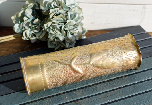French Antique Collectible Remington Hand Carved Empty Shell Case "Vase" ~ 1914-18 WWI ~ Large Brass Bullet UMC 75 mm