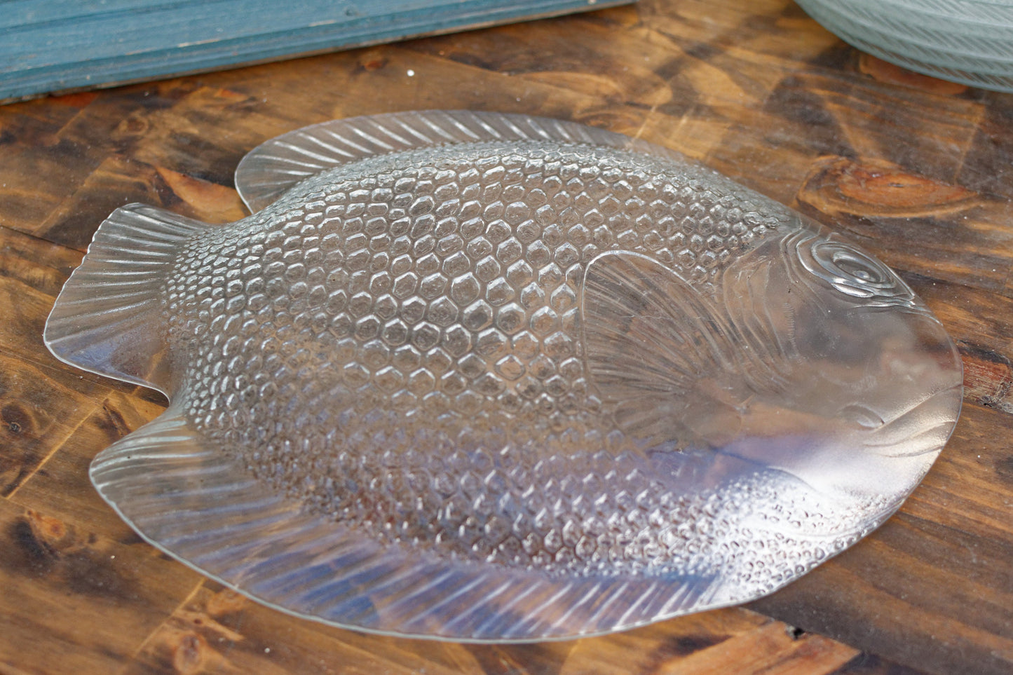 French Vintage Clear Transparent Glass Fish Shaped Embossed Plate ARCOROC France