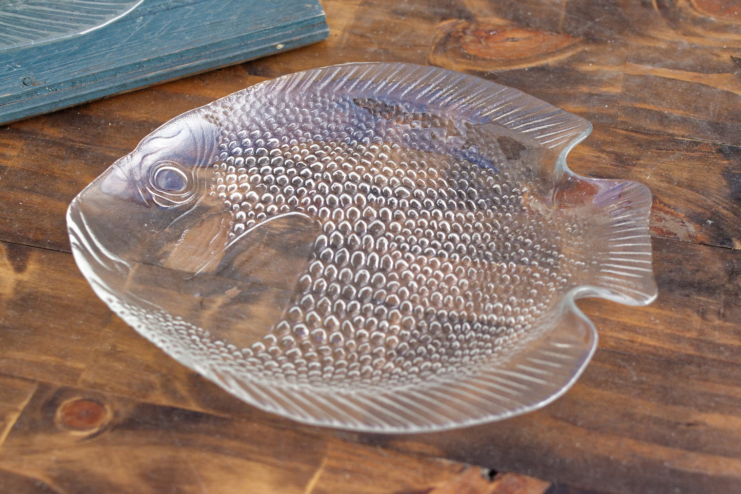 French Vintage Clear Transparent Glass Fish Shaped Embossed Plate ARCOROC France