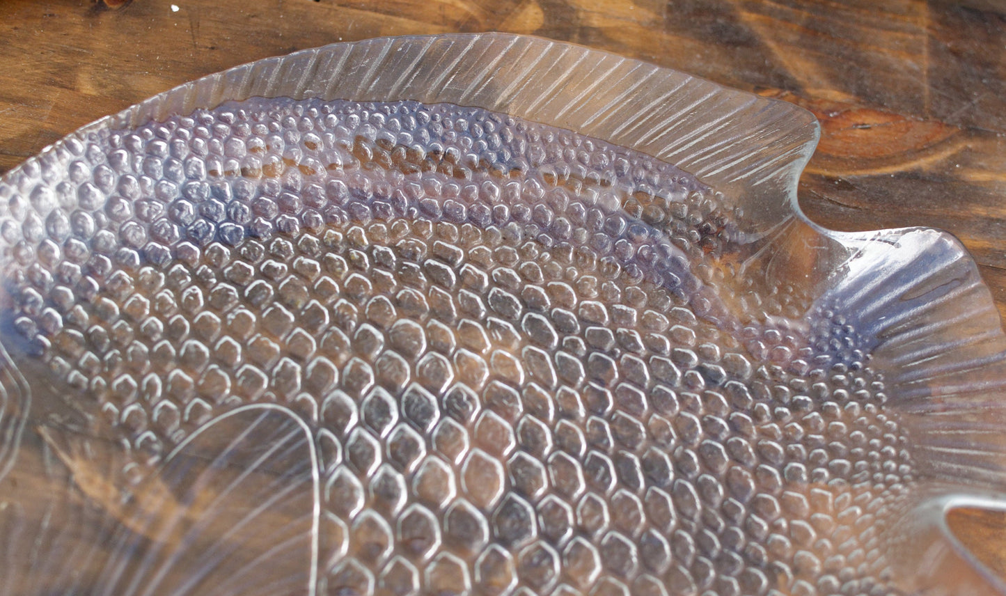 French Vintage Clear Transparent Glass Fish Shaped Embossed Plate ARCOROC France