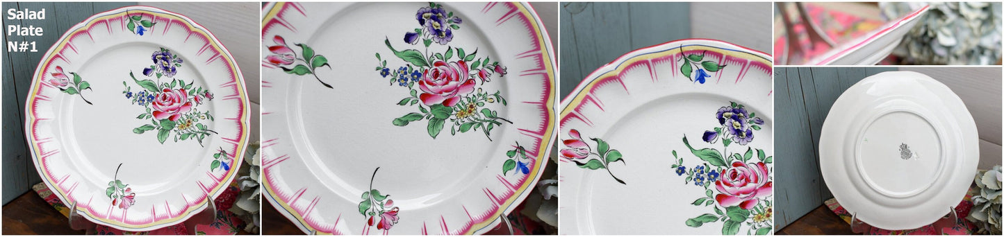French Hand-Painted Ironstone Plate Roses & Tulips K&G (Keller et Guérin) Lunéville Terre de Fer