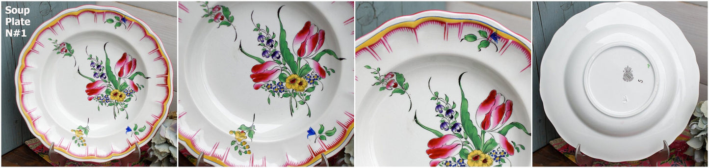 French Hand-Painted Ironstone Plate Roses & Tulips K&G (Keller et Guérin) Lunéville Terre de Fer