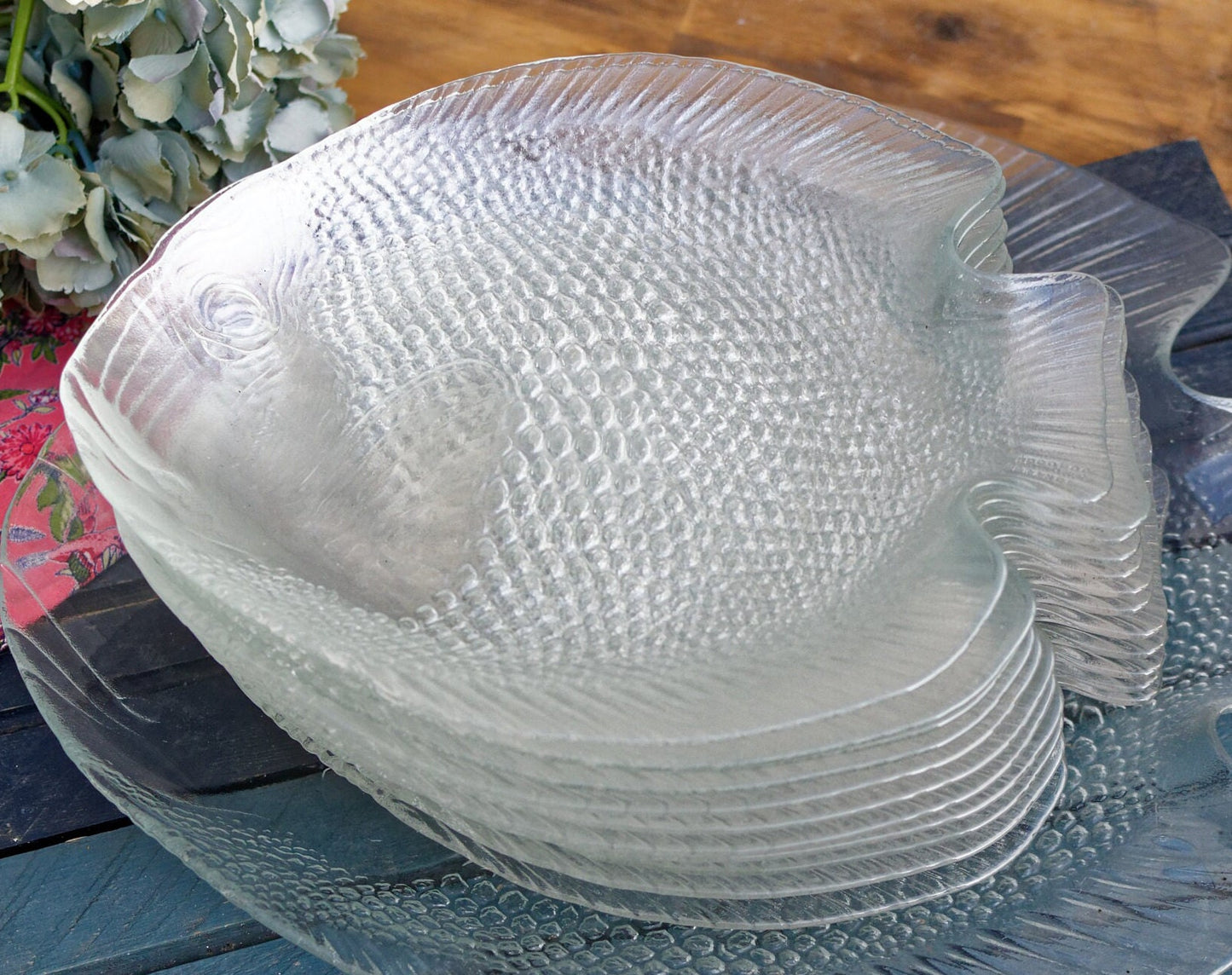 French Vintage Clear Transparent Glass Fish Shaped Embossed Plate ARCOROC France