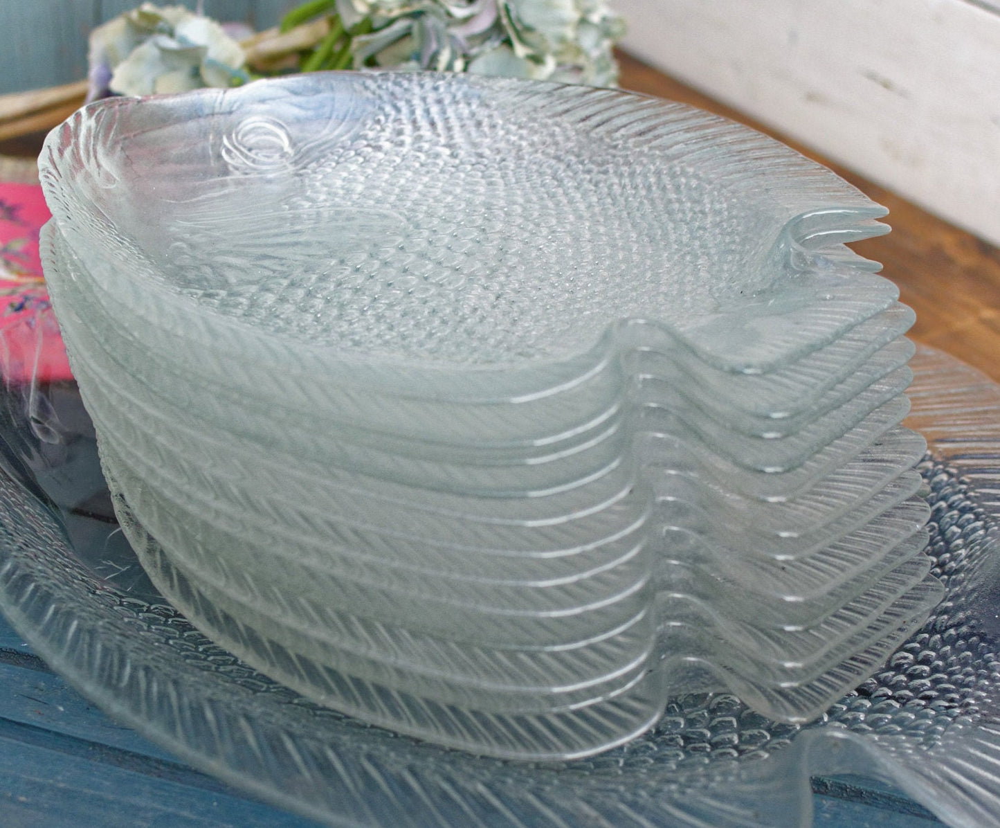 French Vintage Clear Transparent Glass Fish Shaped Embossed Plate ARCOROC France