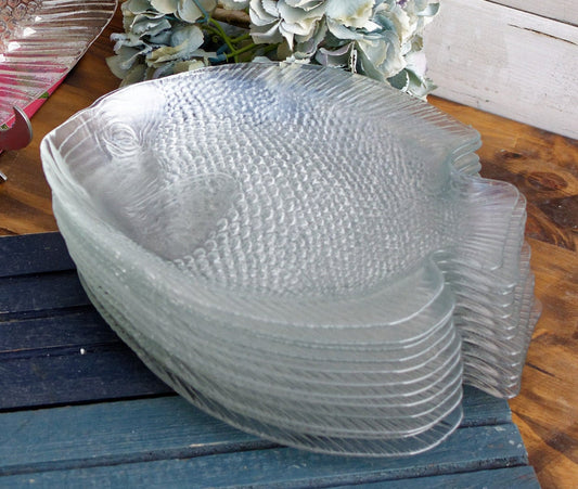 French Vintage Clear Transparent Glass Fish Shaped Embossed Plate ARCOROC France