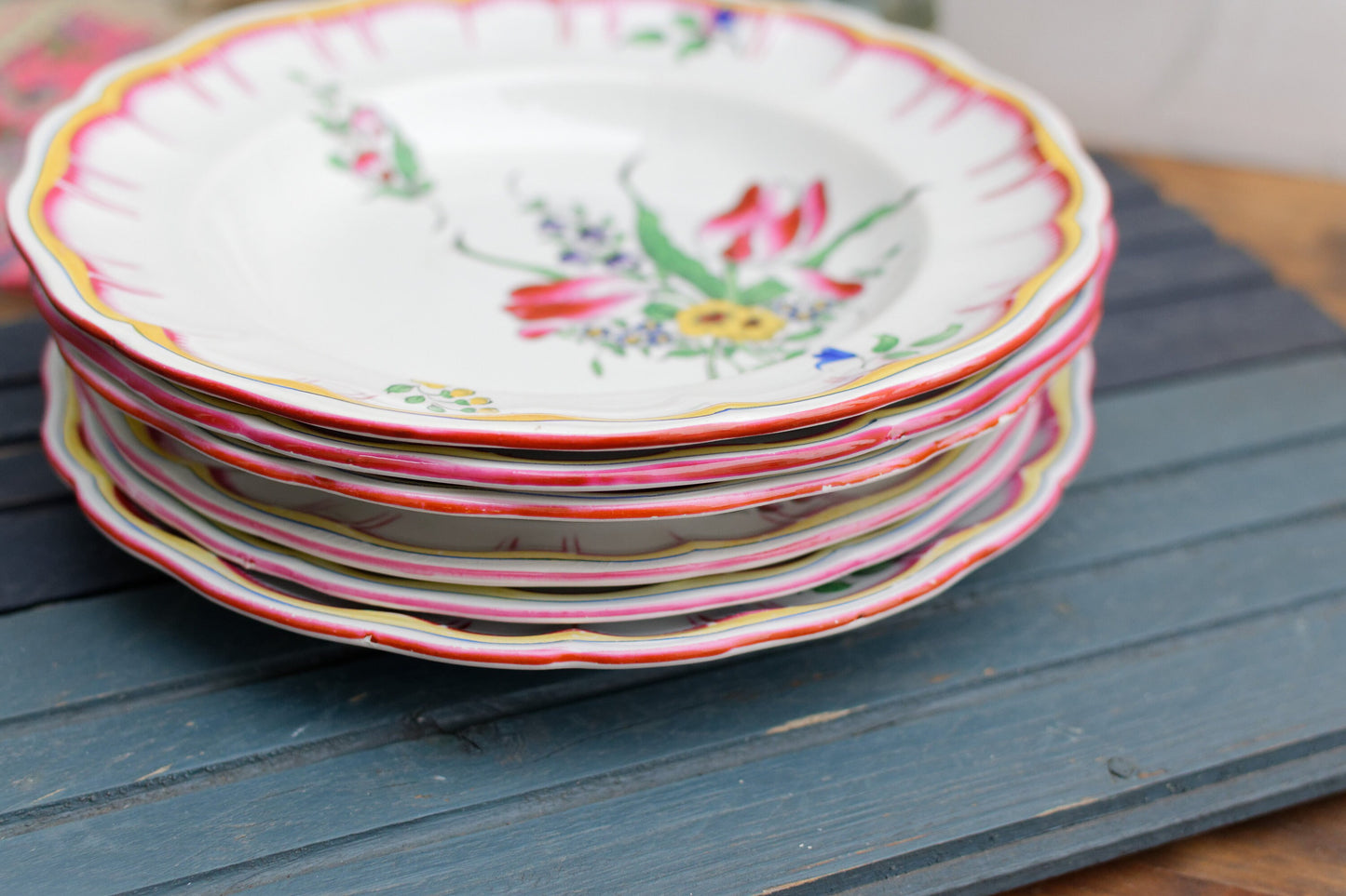 French Hand-Painted Ironstone Plate Roses & Tulips K&G (Keller et Guérin) Lunéville Terre de Fer