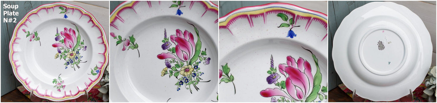 French Hand-Painted Ironstone Plate Roses & Tulips K&G (Keller et Guérin) Lunéville Terre de Fer