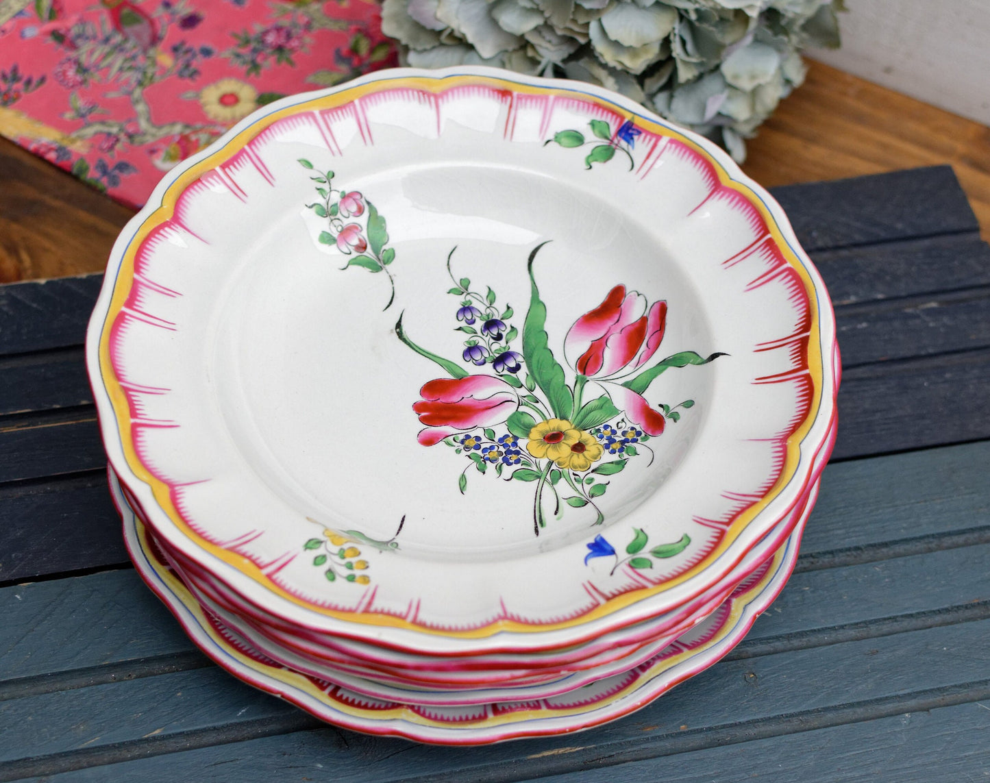 French Hand-Painted Ironstone Plate Roses & Tulips K&G (Keller et Guérin) Lunéville Terre de Fer
