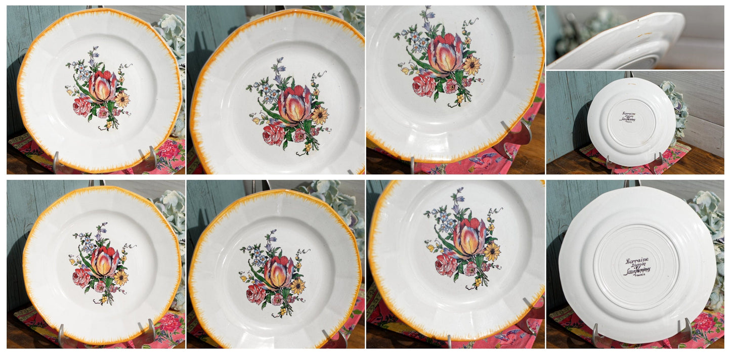 French Ironstone Hand-Painted Cake Plate DIGOIN SARREGUEMINES FRANCE Lorraine decor a la main red tulips pattern Terre de Fer