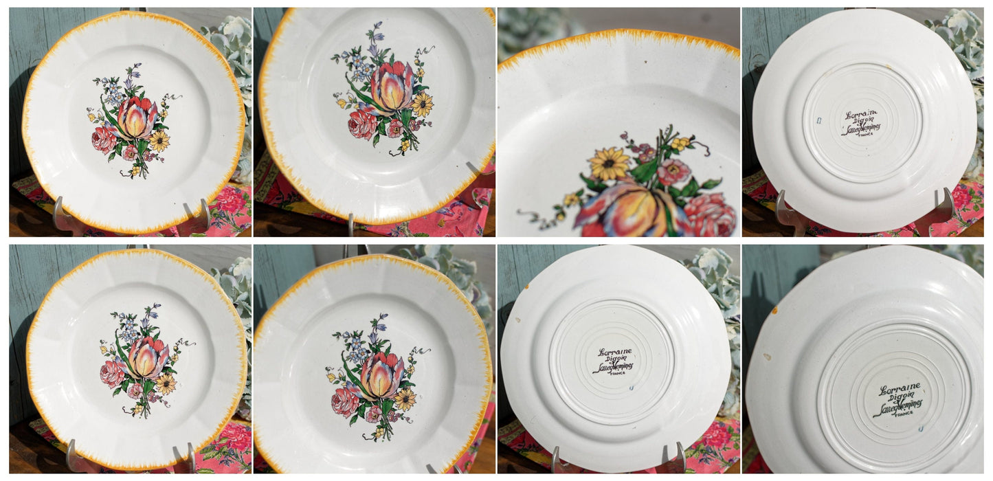 French Ironstone Hand-Painted Cake Plate DIGOIN SARREGUEMINES FRANCE Lorraine decor a la main red tulips pattern Terre de Fer