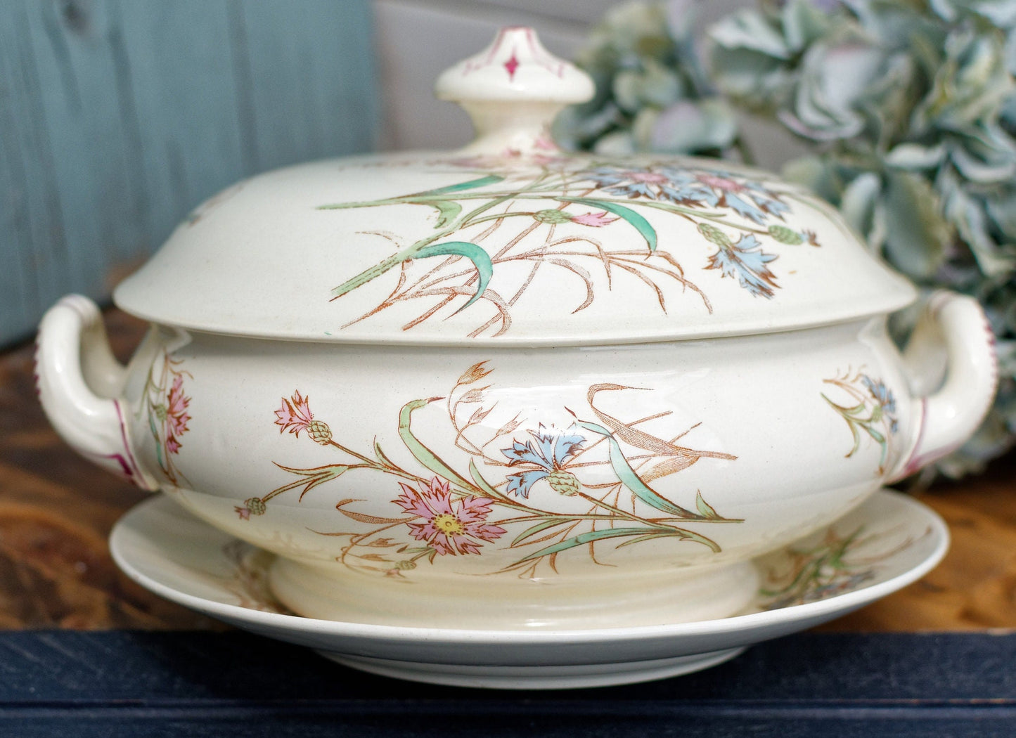 French Antique Ironstone Soup Tureen w/ Serving Plate BLEUET Motif K&G (Keller et Guérin) Lunéville Terre de Fer