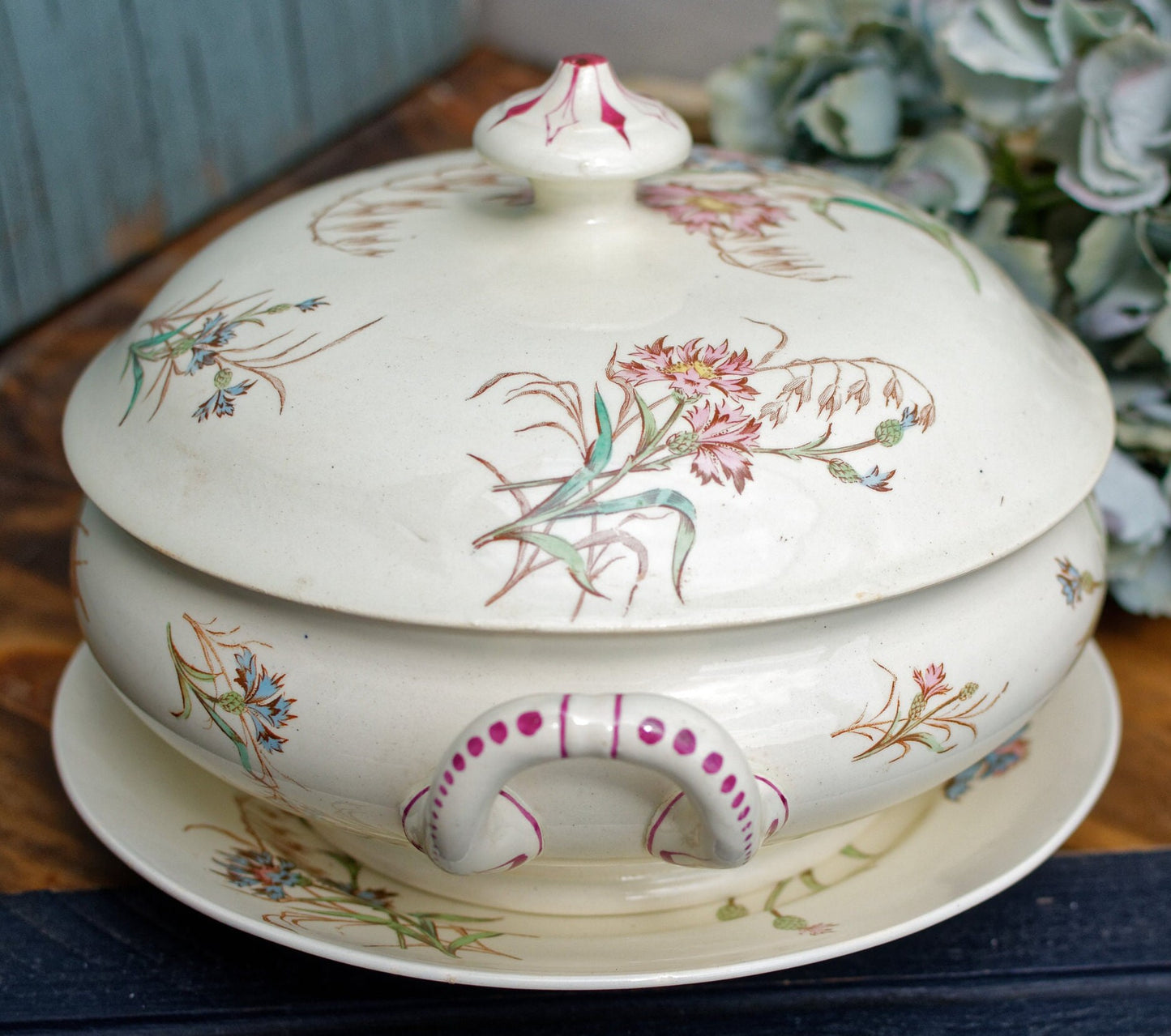 French Antique Ironstone Soup Tureen w/ Serving Plate BLEUET Motif K&G (Keller et Guérin) Lunéville Terre de Fer