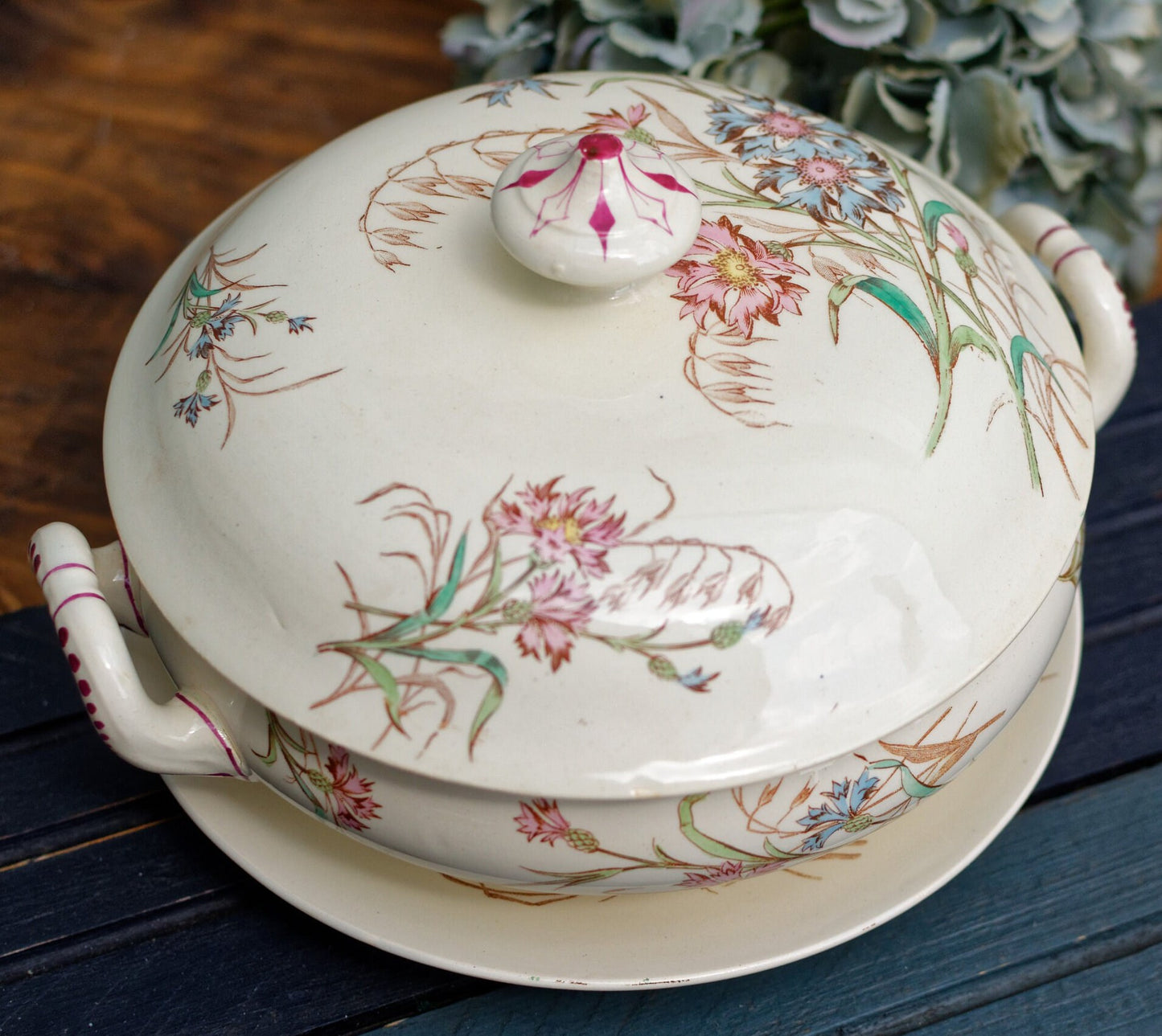 French Antique Ironstone Soup Tureen w/ Serving Plate BLEUET Motif K&G (Keller et Guérin) Lunéville Terre de Fer