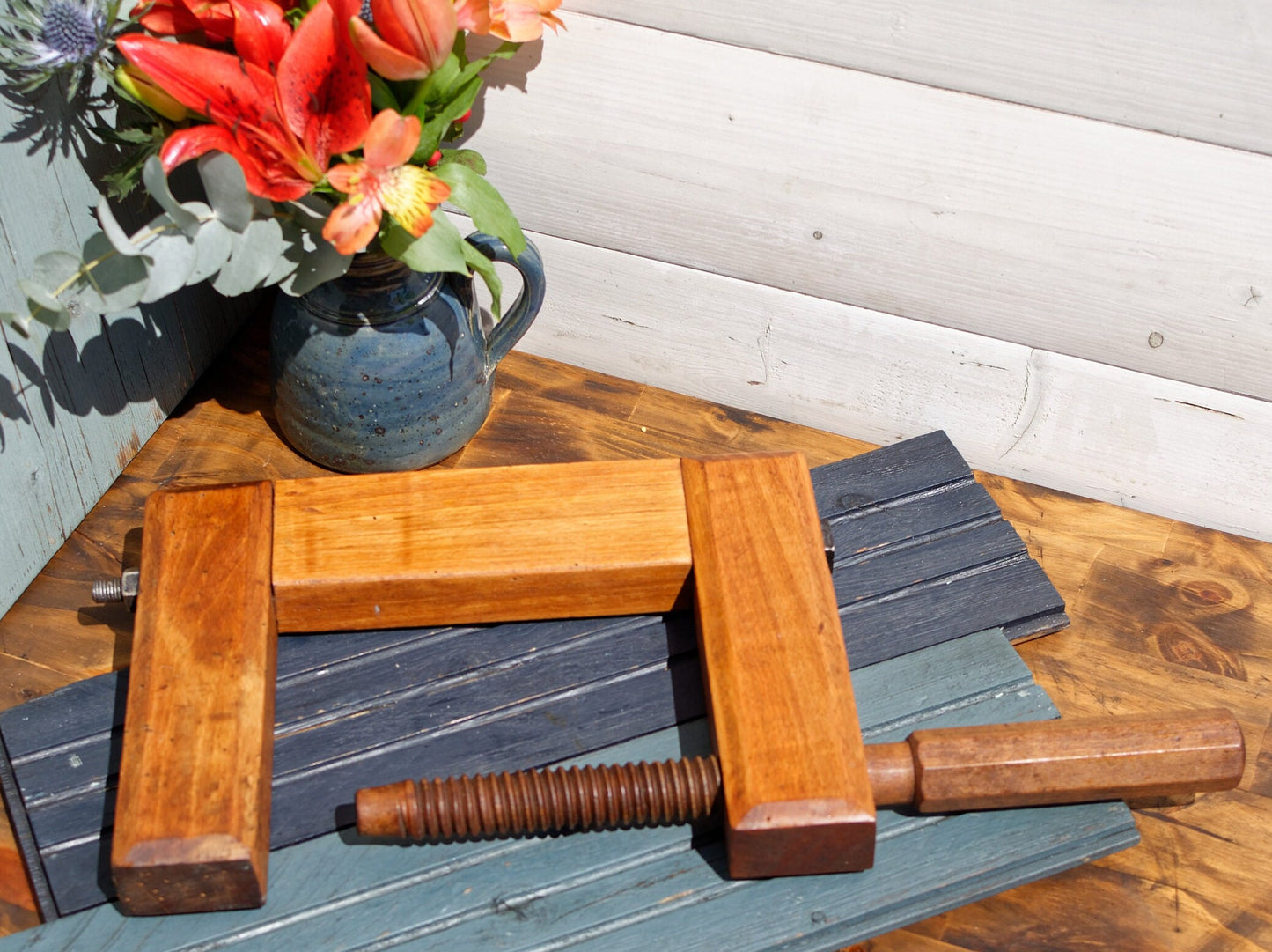 1900s ~ Library C Clamp ~ French Antique Large Wooden Clamp ~ Screw Press ~ Vice ~ Joinery Tool