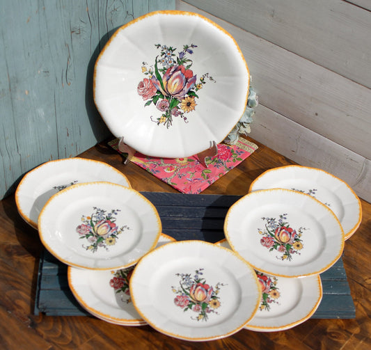 French Ironstone Hand-Painted Cake Plate DIGOIN SARREGUEMINES FRANCE Lorraine decor a la main red tulips pattern Terre de Fe