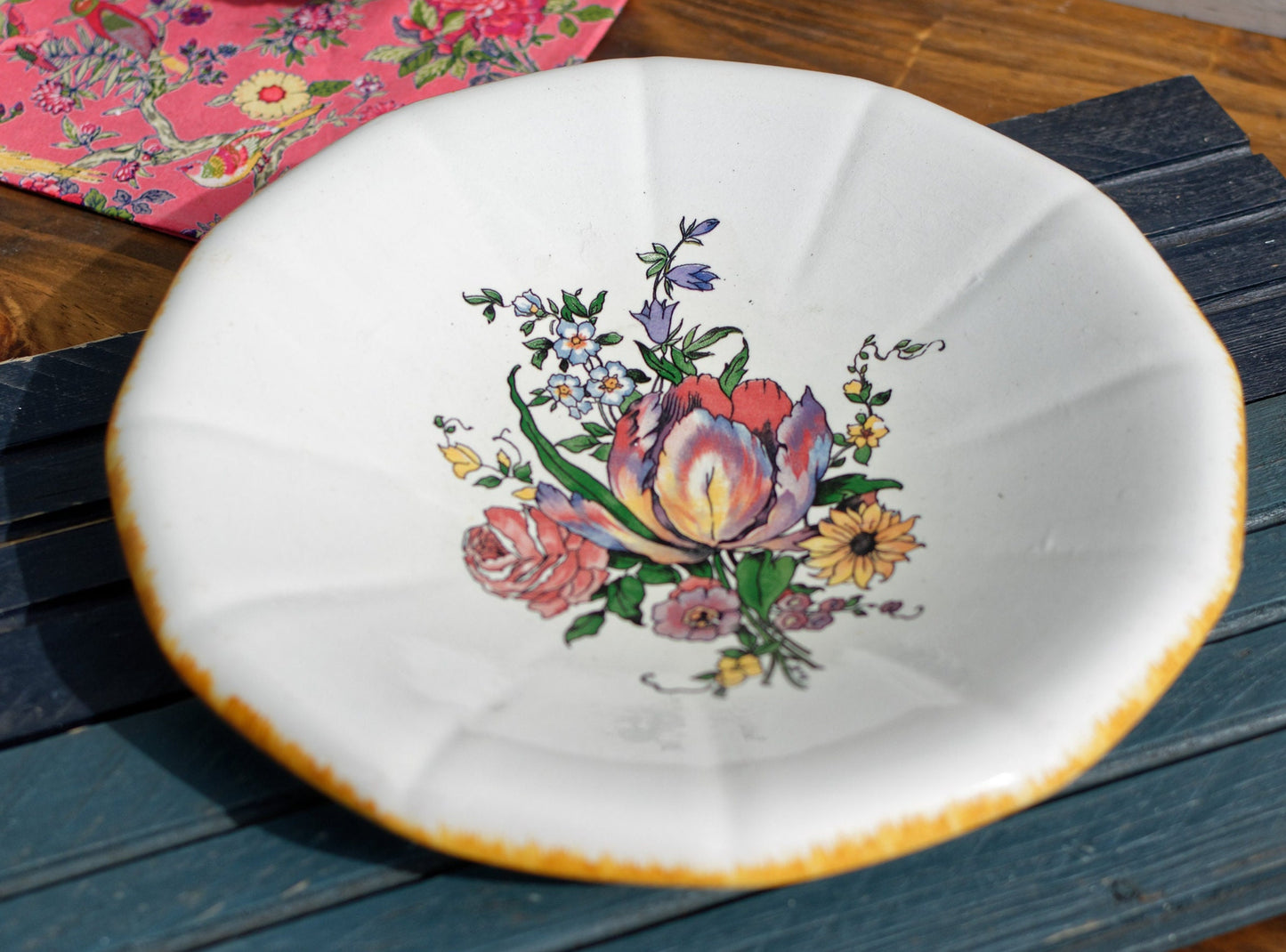 French Ironstone Hand-Painted Cake Plate DIGOIN SARREGUEMINES FRANCE Lorraine decor a la main red tulips pattern Terre de Fe